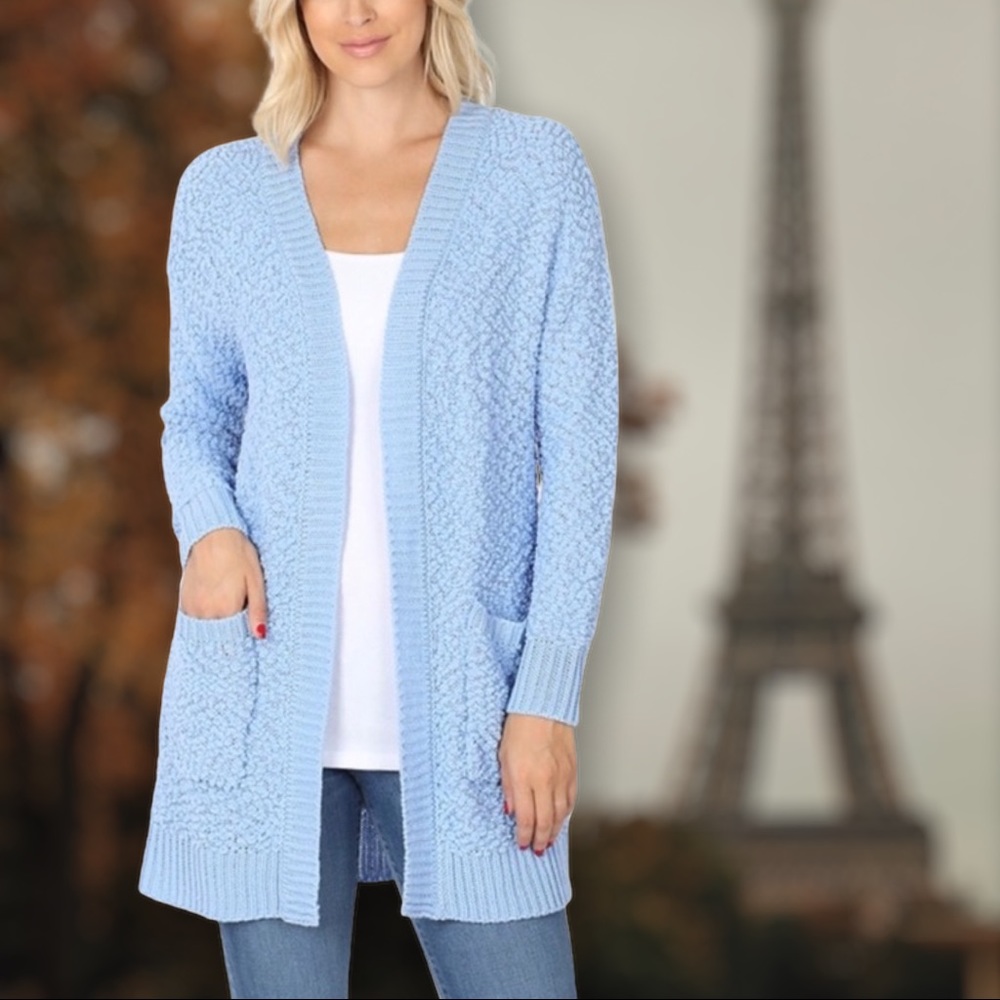Baby Blue Super Soft Texture Open Long Sleeve Sweater Top Size L - Picture 2 of 6
